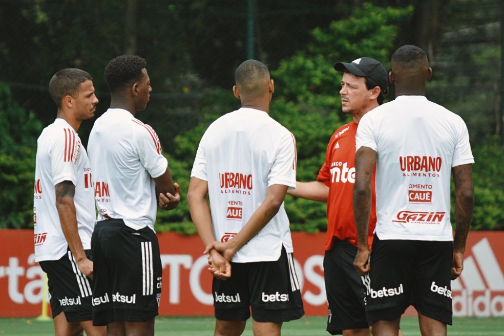 Fernando Diniz conversa com Diego Costa, Léo, Bruno Alves e Arboleda — Foto: Reprodução/Twitter
