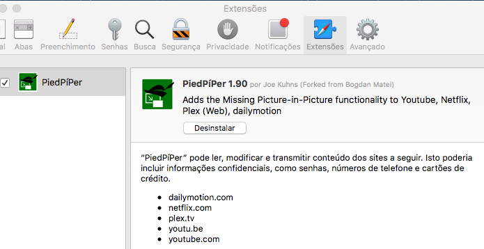 Extensão PiedPiPer instalada no Safari (Foto: Reprodução/Edivaldo Brito)