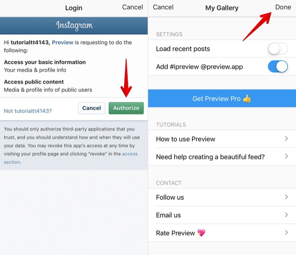 Autorize o acesso do app ao seu Instagram (Foto: Reprodução/Helito Bijora)