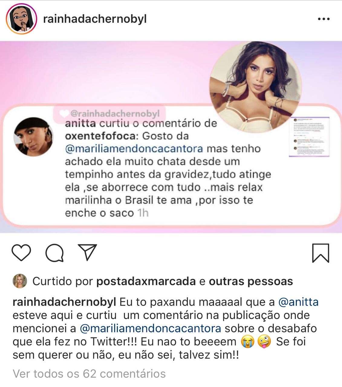Anitta se pronuncia sobre like em comentário falando mal de Marília Mendonça (Foto: reprodução/Instagram)