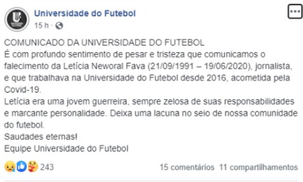 Universidade do Futebol lamentou morte de jornalista — Foto: Reprodução/Facebook