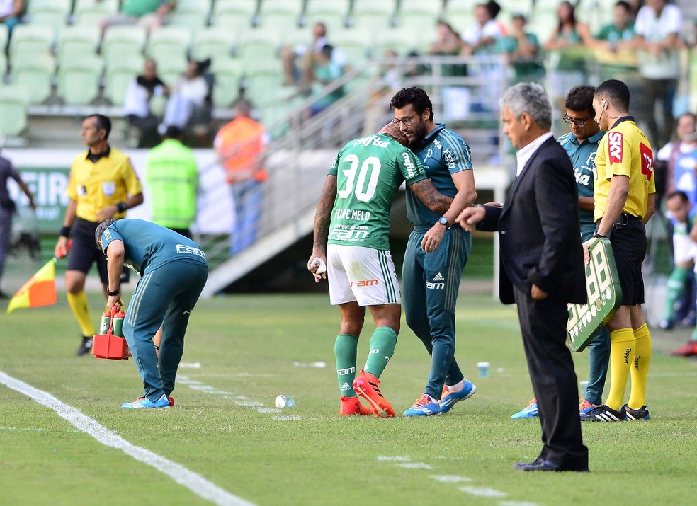 Felipe Melo é abraçado pelo técnico Alberto Valentim no Palmeiras x Flamengo de 2017 — Foto: Marcos Ribolli