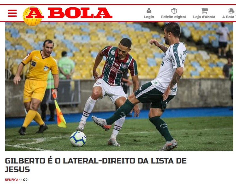 Jornal "A Bola" de Portugal publicou o interesse do Benfica em Gilberto — Foto: Reprodução / A Bola