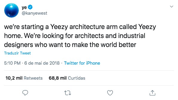 Em seu perfil no Twitter, Kanye West anunciou o lançamento da Yeezy Home, um braço da marca Yeezy (Foto: Reprodução/Twitter)