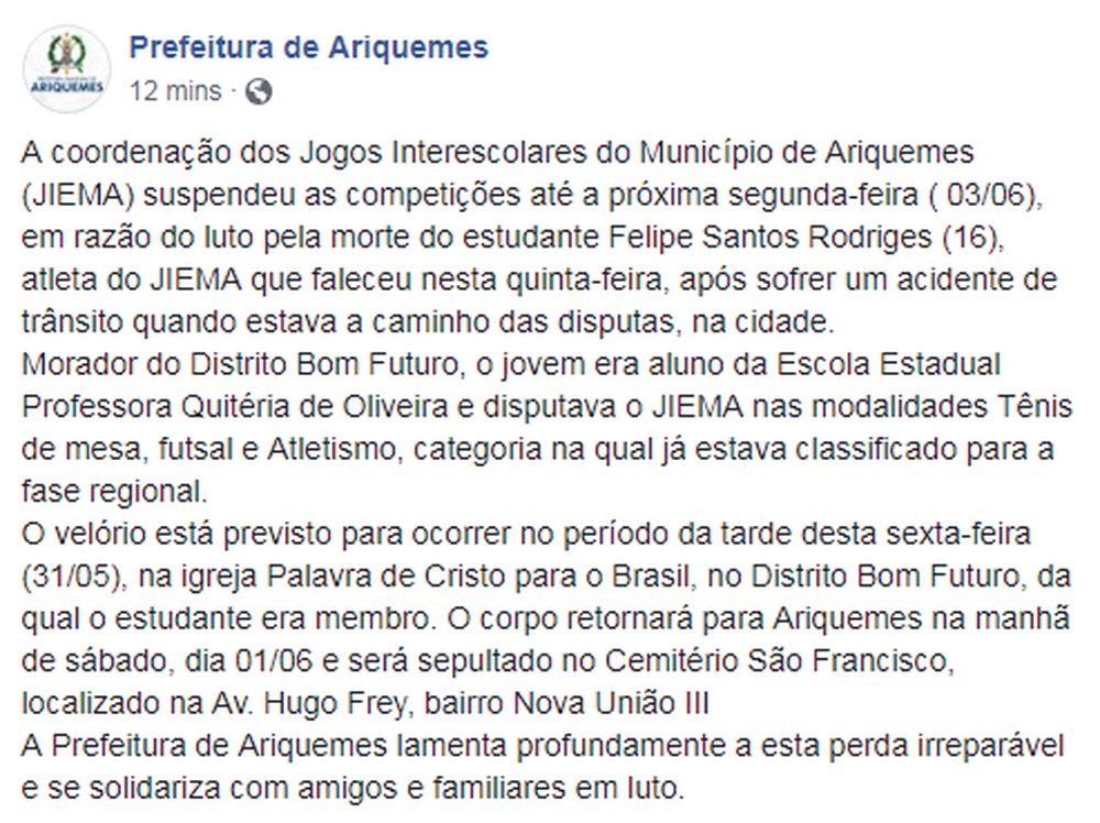 Nota oficial da Prefeitura de Ariquemes sobre a suspensÃ£o do JIEMA  (Foto: DivulgaÃÂ§Ã£o/Facebook)