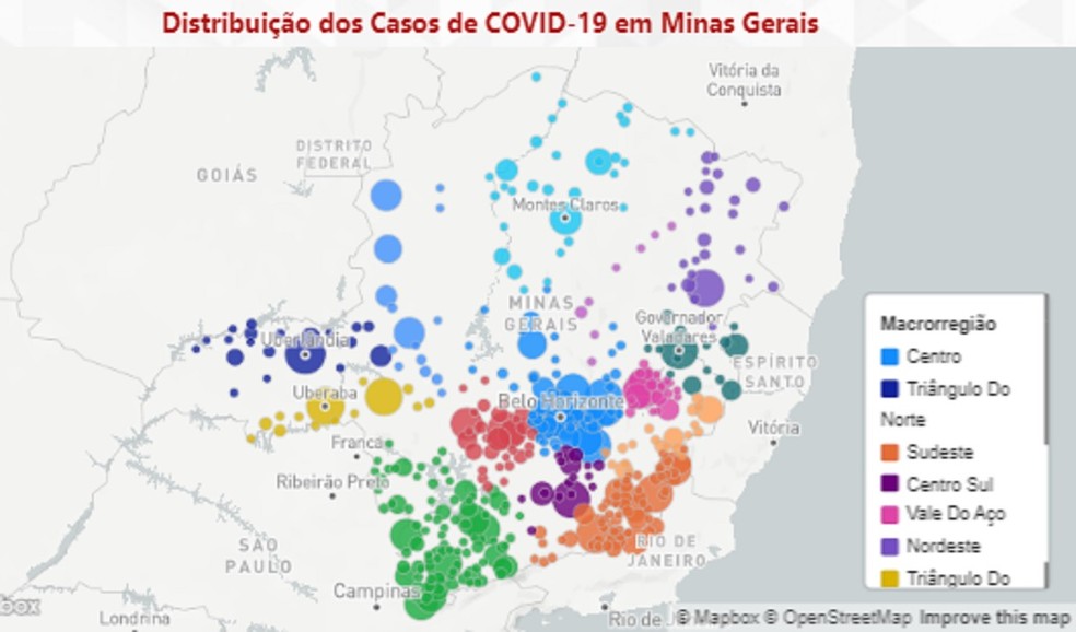 Distribuição de casos de coronavírus em Minas em 31 de maio de 2020. Mais da metade dos municípios mineiros tiveram Covid-19. — Foto: SES-MG / Reprodução