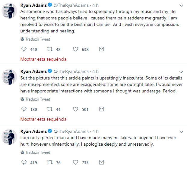 Ryan Adams se manifesta em meio a acusações de assédio sexual (Foto: Reprodução/Twitter) Ryan Adams se manifesta em meio a acusações de assédio sexual (Foto: Reprodução/Twitter)