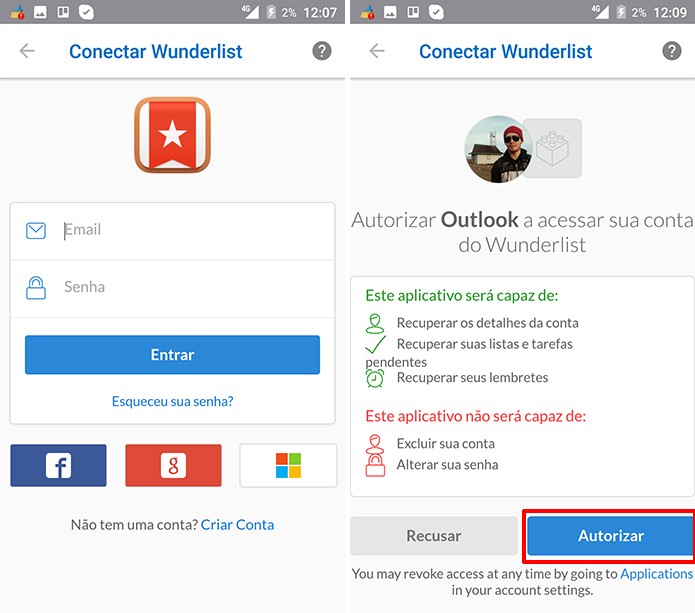 Outlook solicitará para acessar dados do usuários no serviço escolhido (Foto: Reprodução/Elson de Souza)