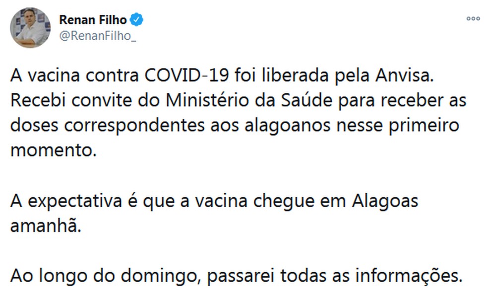 Governador de Alagoas anuncia chegada das vacinas após autorização da Anvisa — Foto: Reprodução