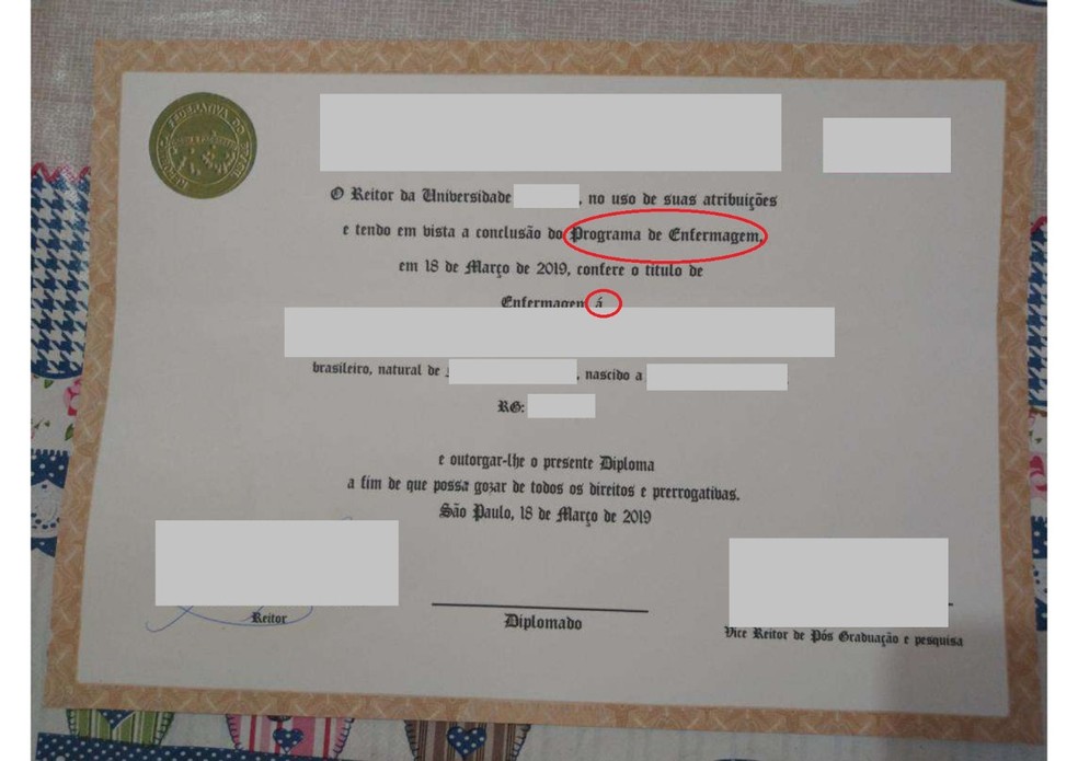 Documento falso levado ao Coren-SP — Foto: Reprodução