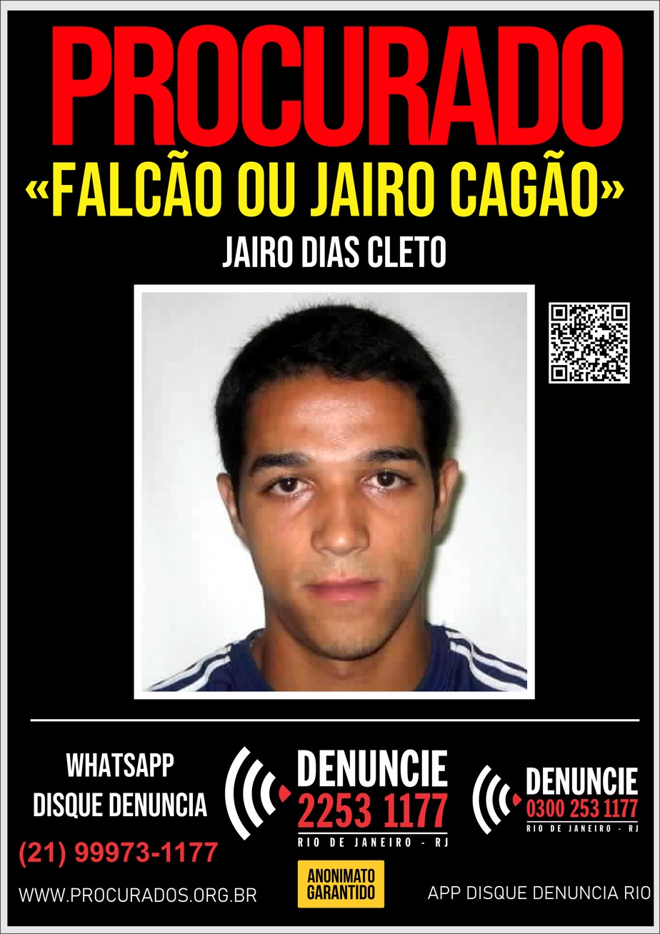Jairo Dias Cleto é apontado como novo chefe do tráfico de drogas do Morro do Banco, no Itanhangá. Disque Denúncia pede por informações