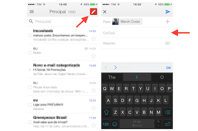 Acessando a barra de e-mail com cópia oculta no Gmail para Android (Foto: Reprodução/Marvin Costa)