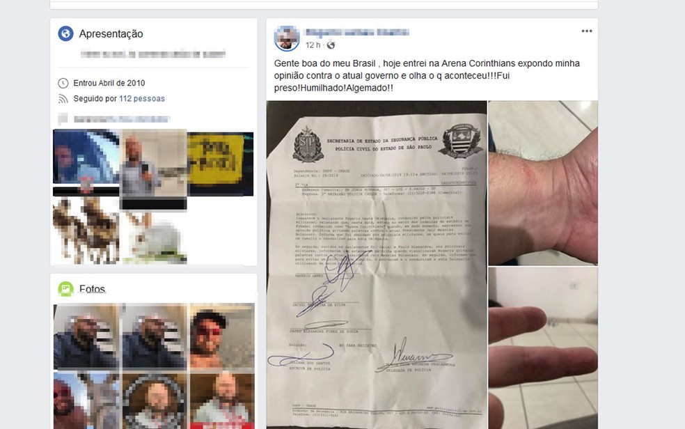 Torcedor disse ter sido algemado e 'preso' ao gritar contra Bolsonaro em estádio — Foto: Facebook/reprodução