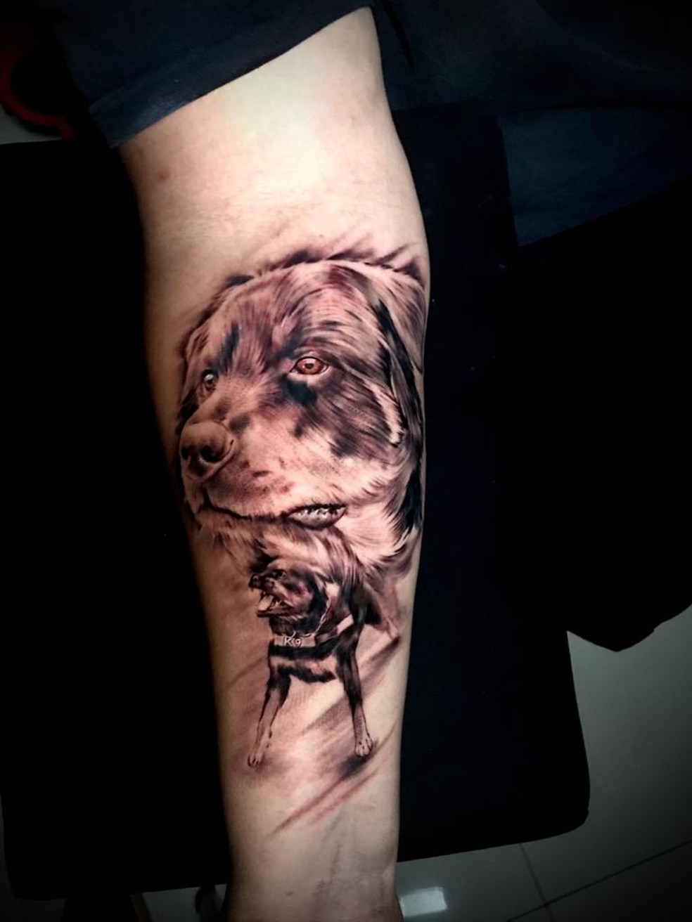 Hugo Haphonso Bosco tatuou o rosto do cão herói Thor — Foto: Divulgação/Prefeitura de São Vicente