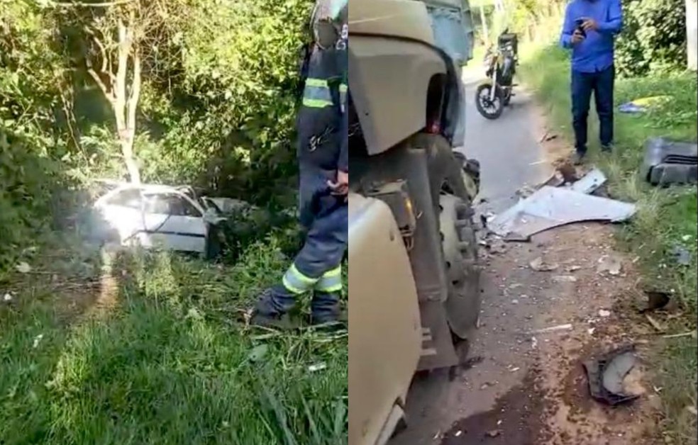 Carro cai em ribanceira após bater de frente com carreta em Angatuba   — Foto: Angatuba News/ Reprodução 