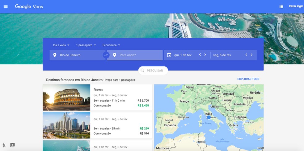Google Flights encontra passagens e voos baratos para viajar pelo mundo — Foto: Reprodução/Google