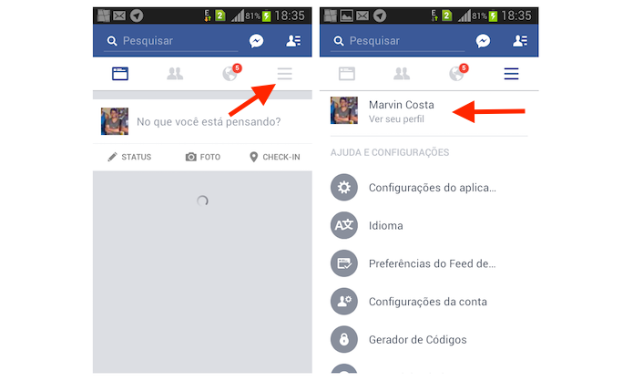 Acessando o perfil de usuário do Facebook no Android (Foto: Reprodução/Marvin Costa)