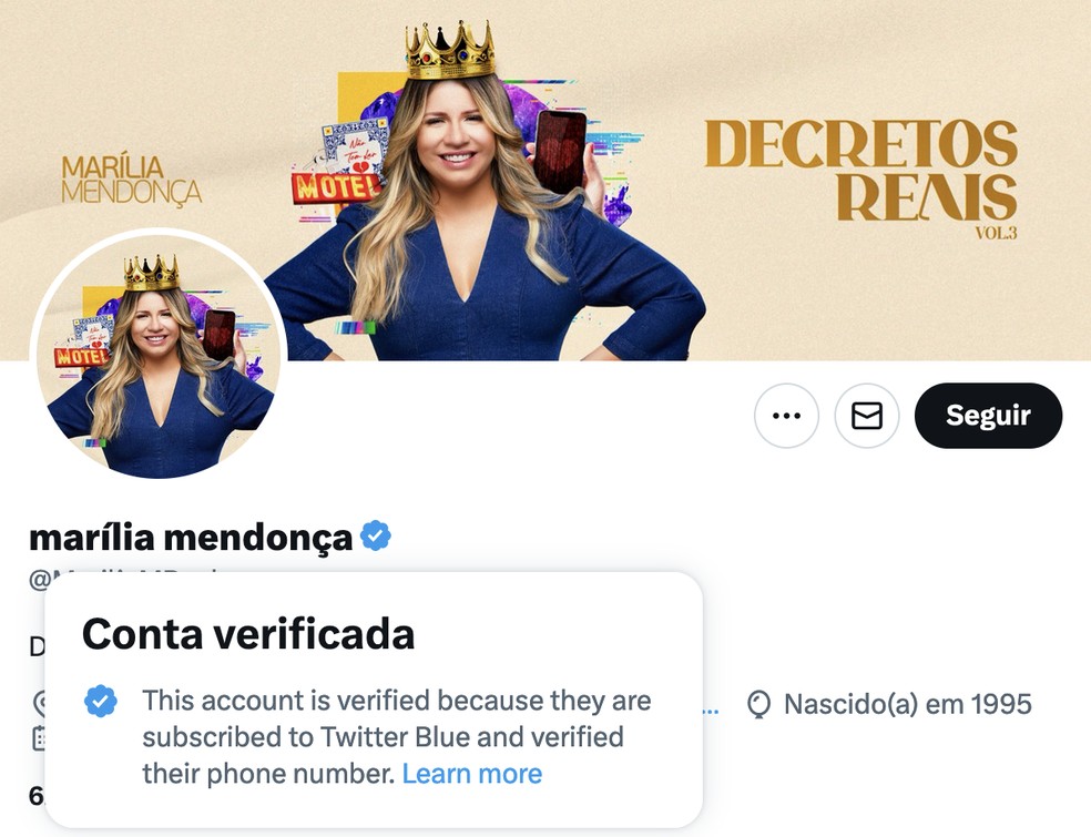 Mar&iacute;lia Mendon&ccedil;a teve a conta verificada novamente recentemente, e selo azul diz: "Essa conta foi verificada porque foi inscrita no Twitter Blue e verificou seu n&uacute;mero de telefone"  &mdash; Foto: Reprodu&ccedil;&atilde;o / Twitter