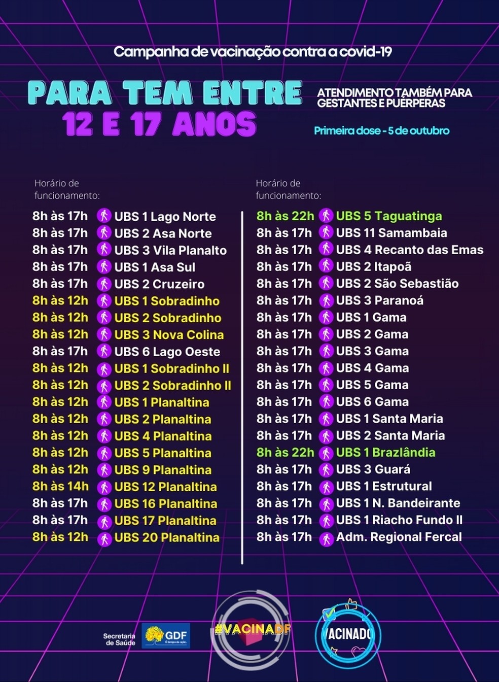 Postos de vacinação para adolescentes de 12 a 17 anos no DF, nesta terça-feira (5)  — Foto: Foto: SES-DF/Divulgação