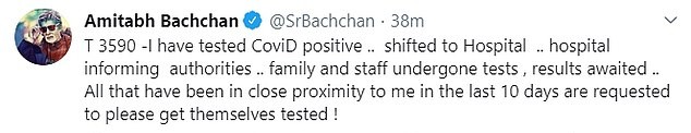 O post de Amitabh Bachchan anunciando seu diagnóstico para COVID-19 (Foto: Instagram)