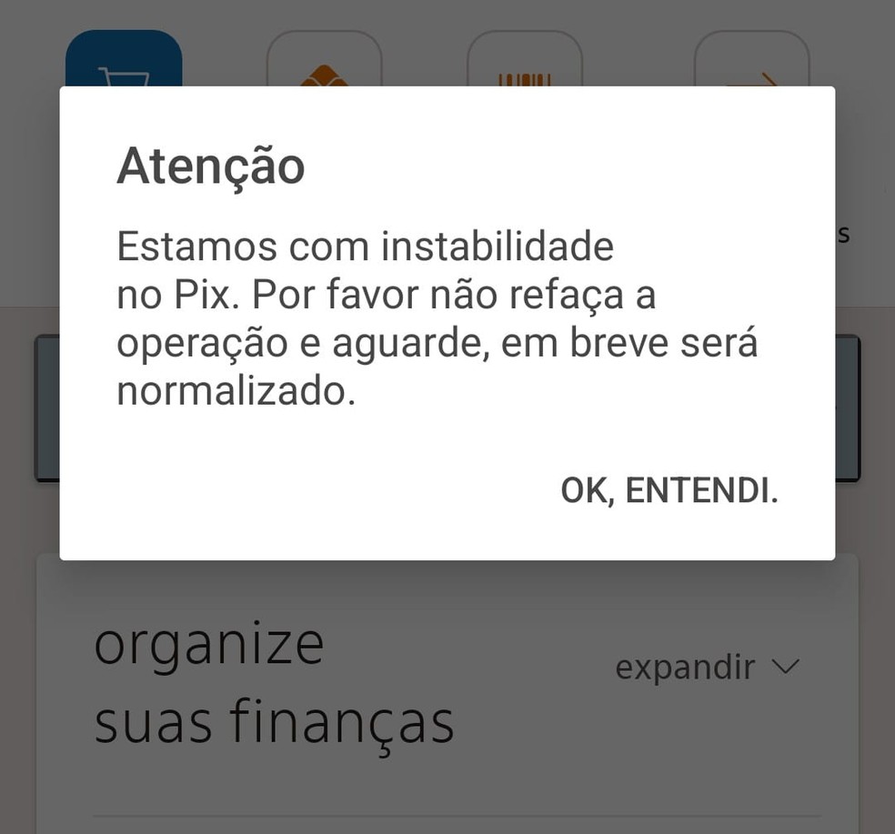 Instabilidade do Pix no app do Itaú — Foto: Reprodução