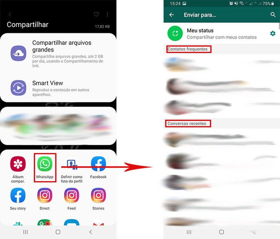 Tela mostra lista de contatos frequentes e recentes no WhatsApp — Foto: Reprodução/Fernanda Lutfi