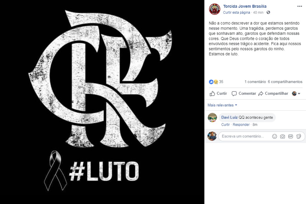 Página de torcedores jovens do Flamengo comenta tragédia — Foto: Reprodução/Facebook