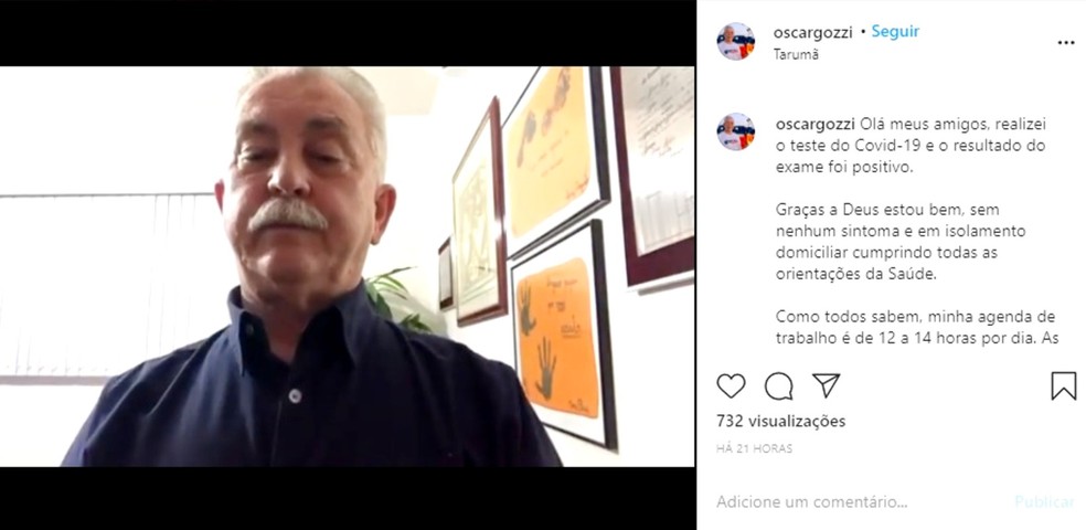 Oscar Gozzi gravou um vídeo em suas redes sociais para dizer do teste positivo para a Covid-19: "Graças a Deus, estou muito bem" — Foto: Instagram/Reprodução