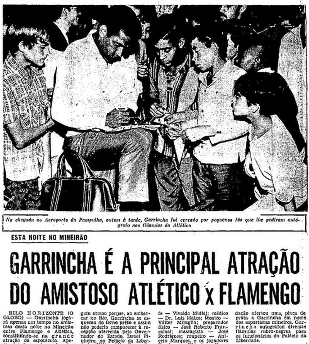 Manchete do jornal O Globo sobre a chegada de Garrincha a Belo Horizonte para encarar o Galo &mdash; Foto: O Globo de 10/12/1968