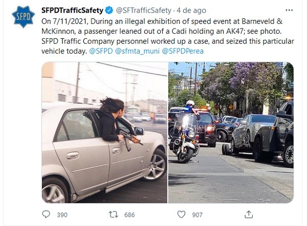 O tuíte do Departamento de Polícia de São Francisco com a foto da mulher segurando o fuzil na janela do carro (Foto: Twitter)