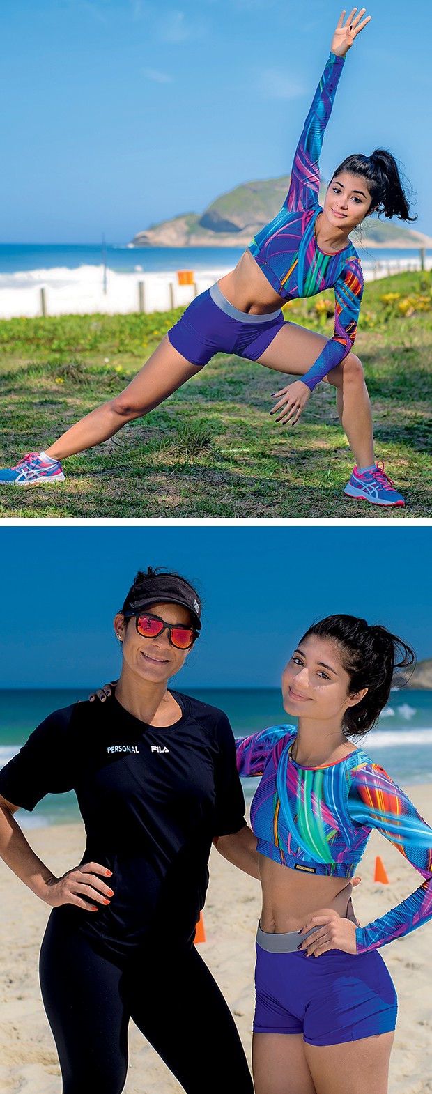  Laíze faz alongamento antes de começar o treino. Acima, com sua personal, Cynthia Pessanha Souza  (Foto:  )
