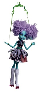 Os braços da boneca da coleção Monster High são amarrados a duas fitas de cetim. As pernas, os pés, as mãos e os braços são articulados, o que permite vários movimentos. Da Mattel, R$ 149,99. (Foto: Guto Seixas)