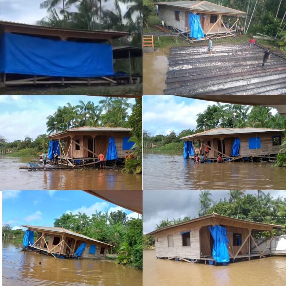 Casa sendo colocada na estrutura construída pelo morador na ilha do Marajó.  — Foto: Divulgação