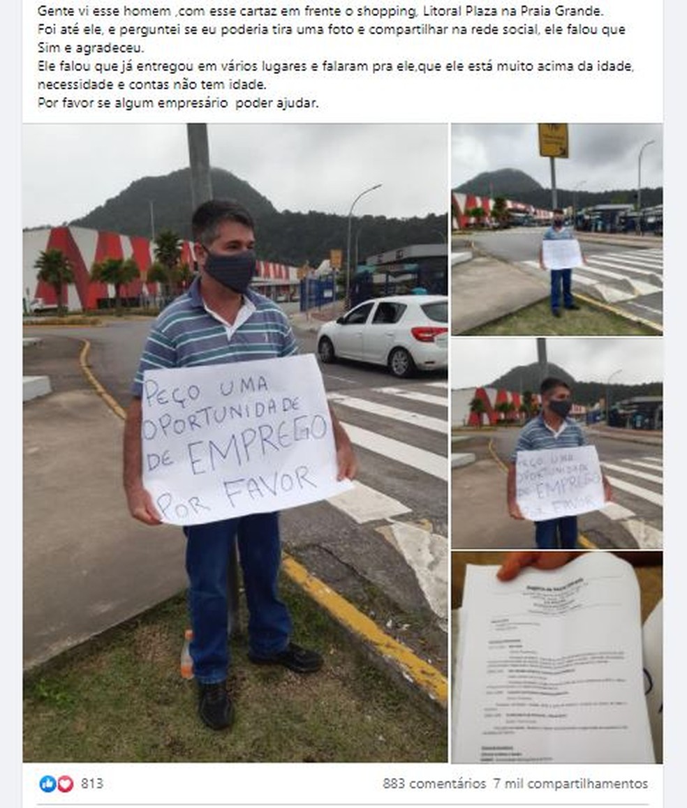 Publicação mostrando Rogério pedindo emprego viralizou na web — Foto: Reprodução/redes sociais
