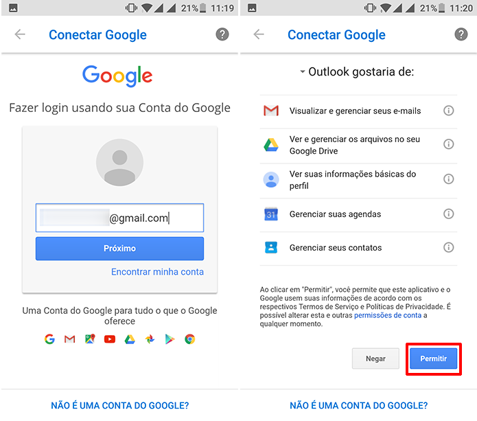 Outlook abrirá tela de login do Google para que usuário conecte o Gmail (Foto: Reprodução/Elson de Souza)