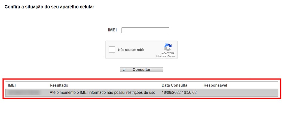 Consulta Legal, da Anatel, revela situação do IMEI — Foto: Reprodução/Rodrigo Fernandes