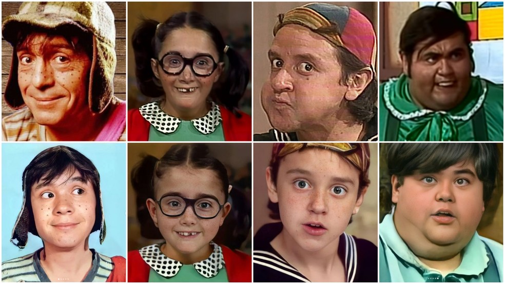 Chaves, Chiquinha, Quico e Nhonho: artista Hidreley Leli Dião mostra como personagens de 'Chaves' seriam crianças — Foto: Televisa/Reprodução e Hidreley Leli Dião/Arquivo pessoal