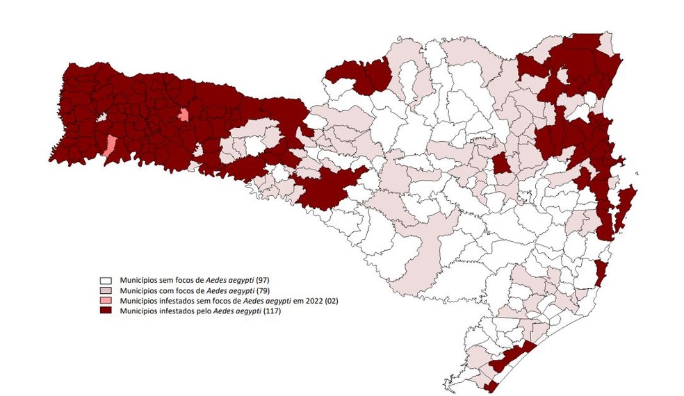 Mapa de SC com municípios infestados pelo mosquito Aedes aegypti — Foto: Dive/Divulgação