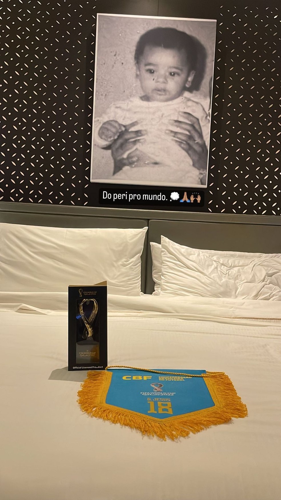 Quarto de Gabriel Jesus no hotel da Seleção Brasileira na Copa do Mundo no Catar — Foto: Reprodução / Instagram
