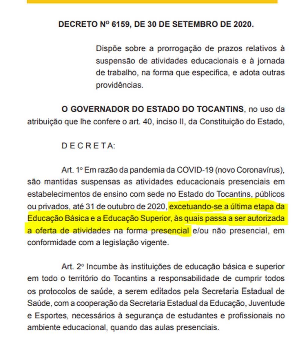 Trecho do decreto que libera aulas na última etapa da educação básica e ensino superior — Foto: Reprodução/Diário Oficial do Estado