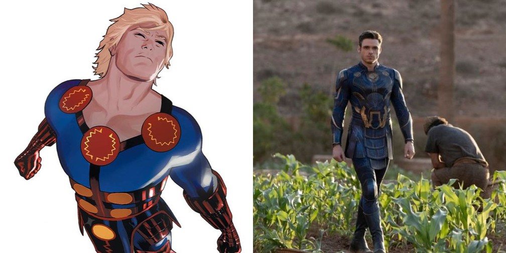 Ikaris nos quadrinhos e na versão de 'Eternos', interpretado por Richard Madden — Foto: Divulgação
