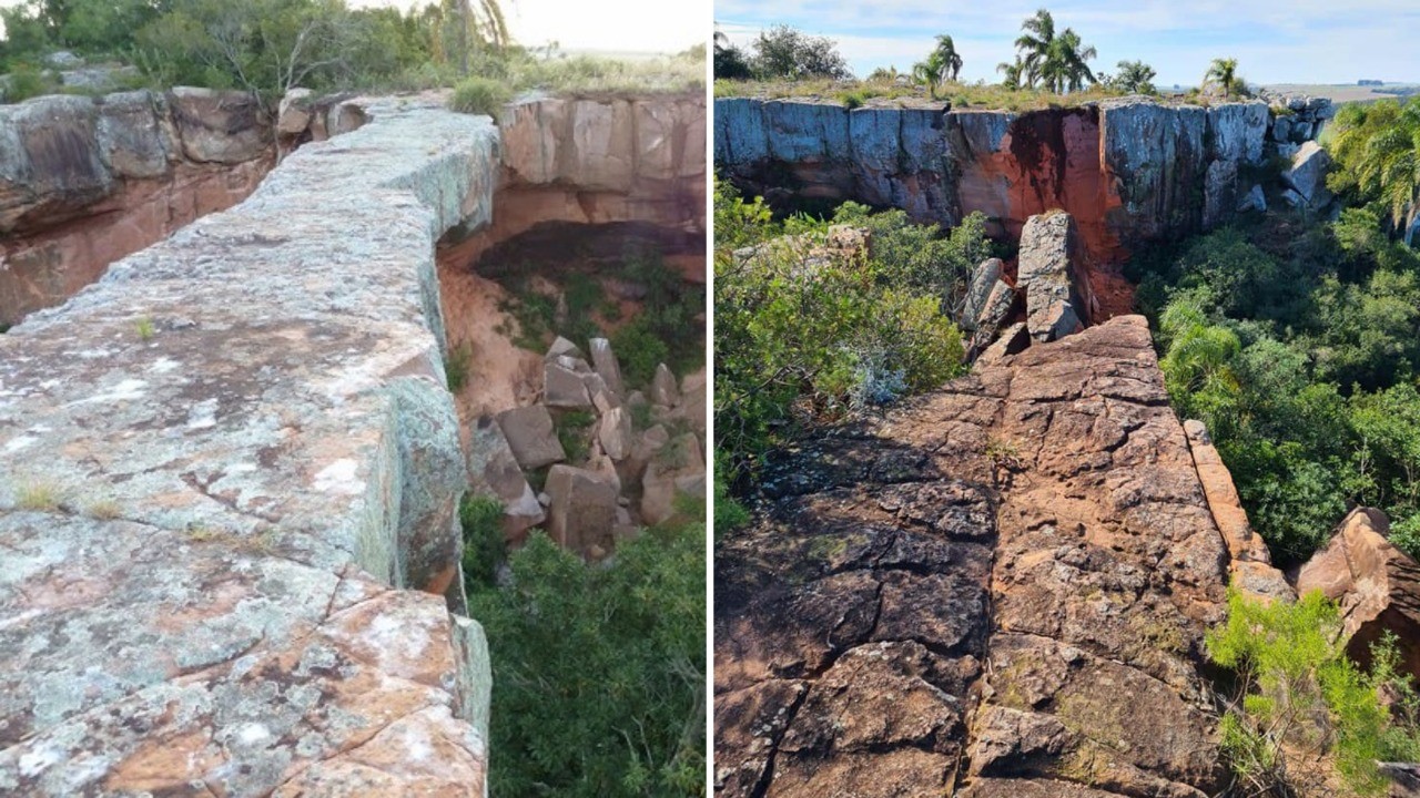 Ponte com formação natural de rochas de arenito desaba em Alegrete; veja antes e depois 