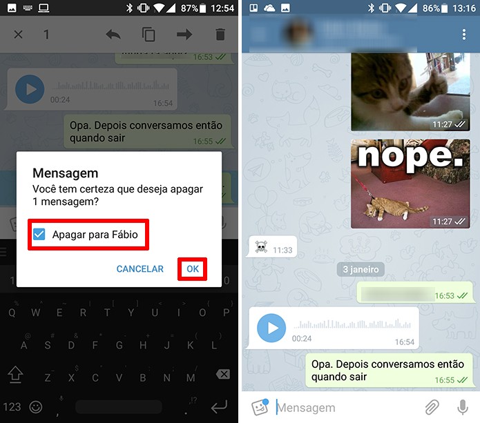 Marque que deseja apagar mensagem para o seu contato no Telegram (Foto: Reprodução/Elson de Souza)