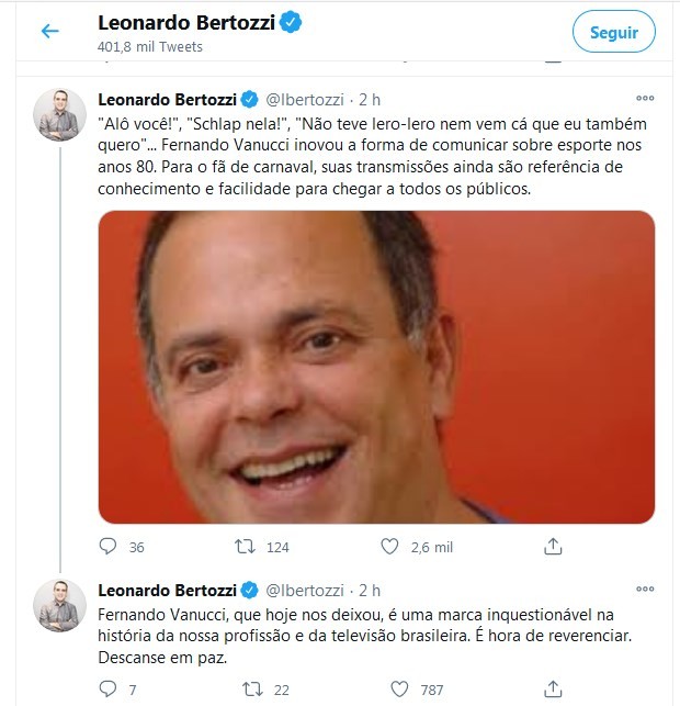 Leonardo Bertozzi lamenta morte de Fernando Vannucci (Foto: Reprodução/Twitter)