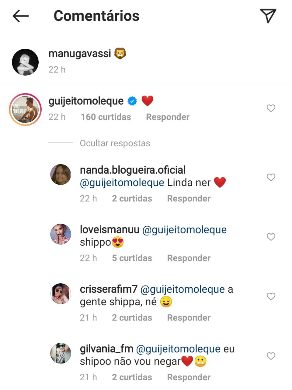 Gui Albuquerque, vocalista do Jeito Moleque, comenta foto de Manu Gavassi (Foto: Reprodução/Instagram)