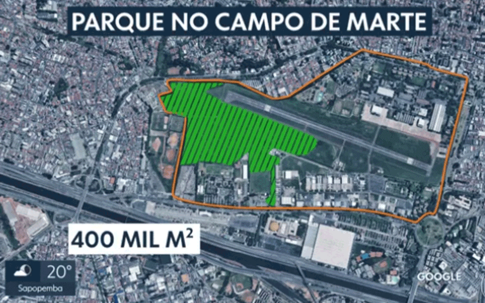 Croqui mostra em verde parte da área do Aeroporto Campo de Marte que irá ser transformada em parque (Foto: Reprodução/TV Globo)