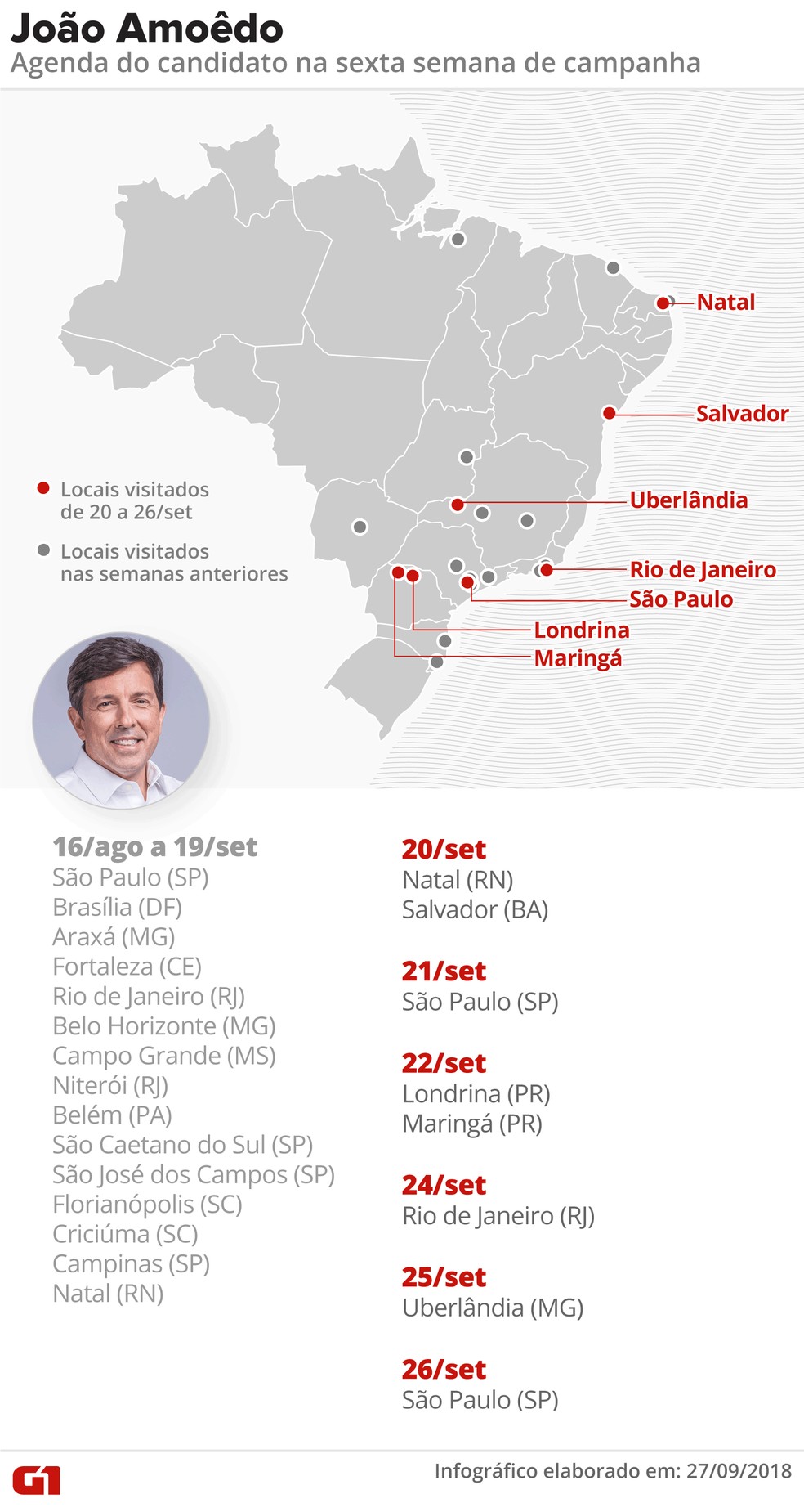 Cidades onde o candidato João Amoêdo esteve na 6ª semana de campanha — Foto: Roberta Jaworski, Karina Almeida e Juliane Monteiro/G1