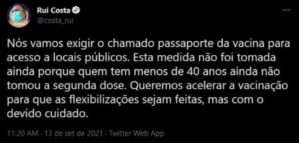 Governador da Bahia anuncia exigência do 'passaporte da vacina' para acesso a locais públicos — Foto: Reprodução/Redes Sociais