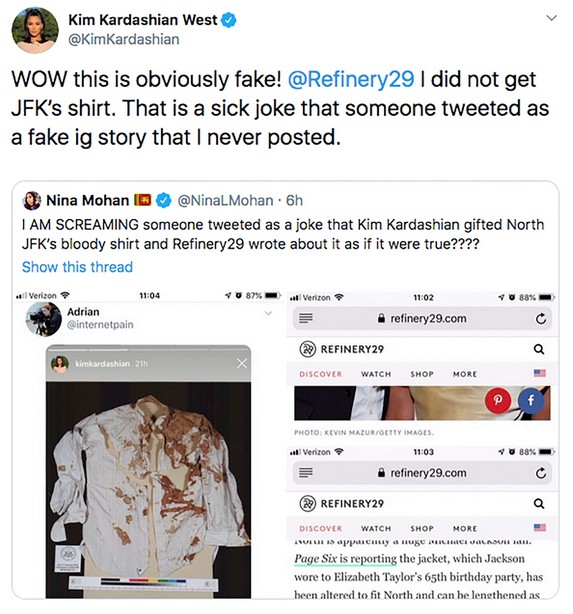 O tuíte da ocialite Kim Kardashian expondo sua revolta com a notícia falsa que teria comprado a camisa ensanguentada de John F. Kennedy para a filha de seis anos (Foto: Twitter)