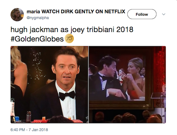 A piada comparando a reação de choque de Hugh Jackman no Globo de Ouro 2018 à postura de Joey em Friends (Foto: Twitter)